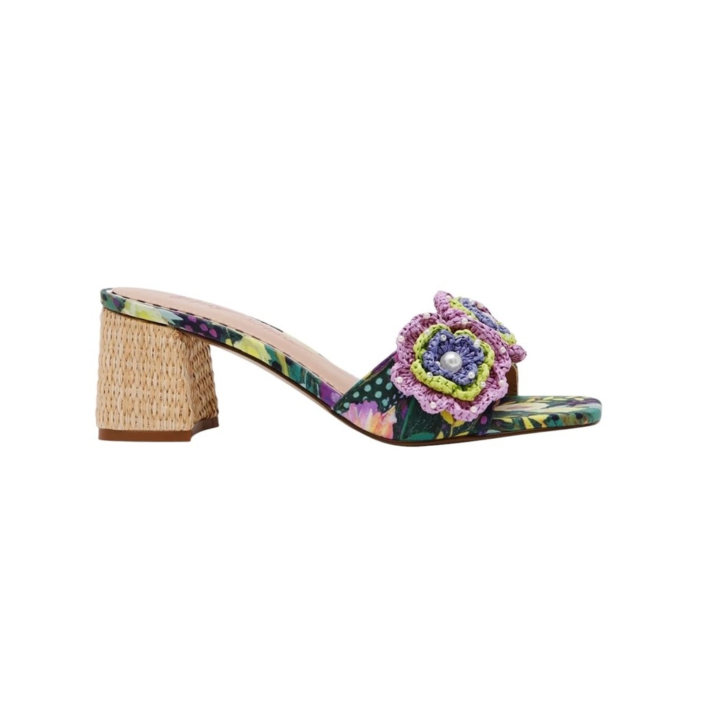Betsey Johnson Dietrich Floral Macrame Mules Block Heel Sandals Multi Color 7.5